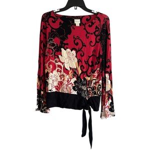 Chico's Floral Patterned Red and Black Size Small Long Sleeve Blouse